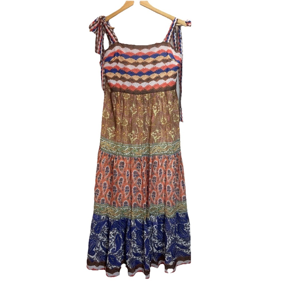NEW Beulah tie top Midi sun dress tiered floral paisley square neck size M